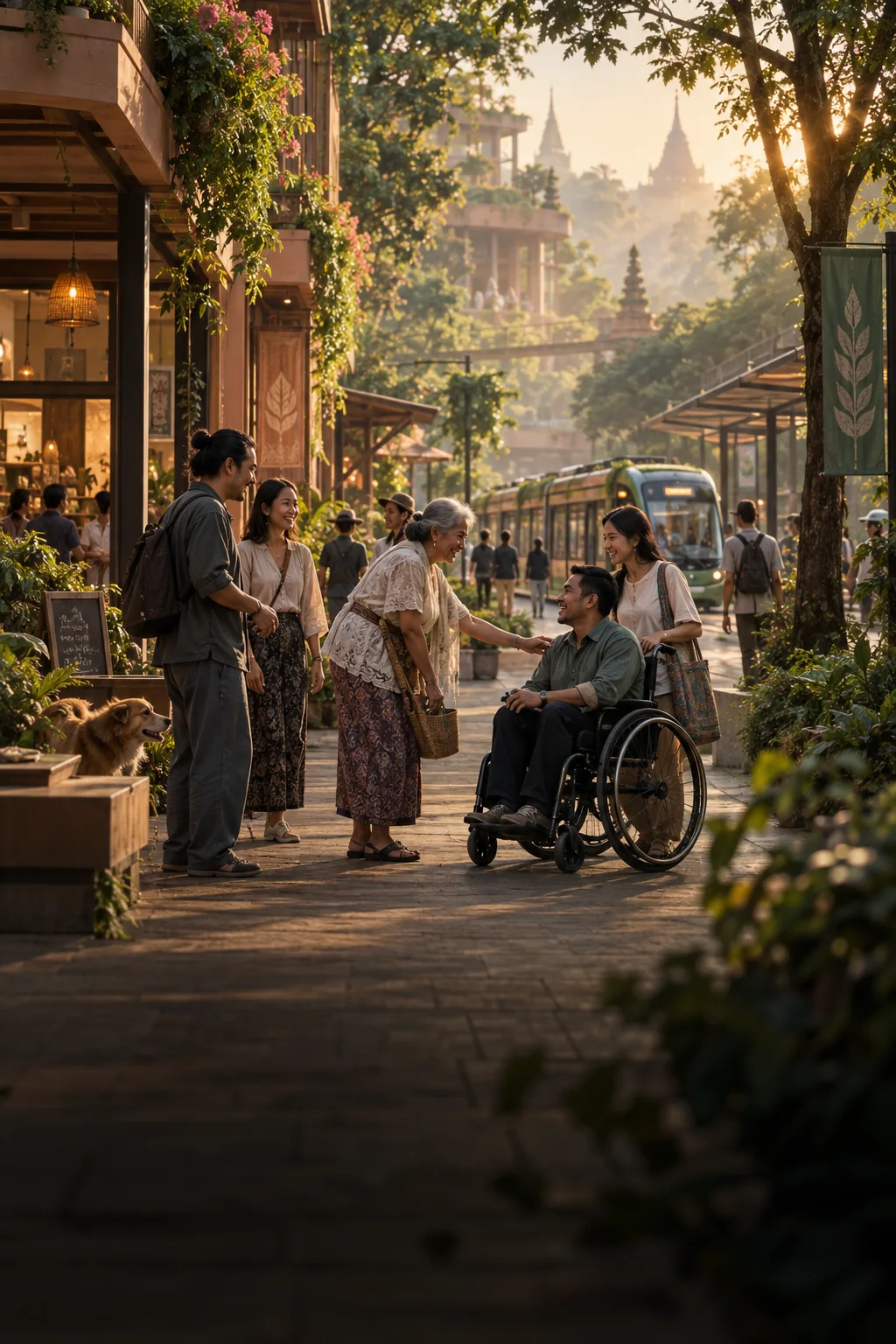 Neighbors of different generations gather along a green, accessible city street at dawn
