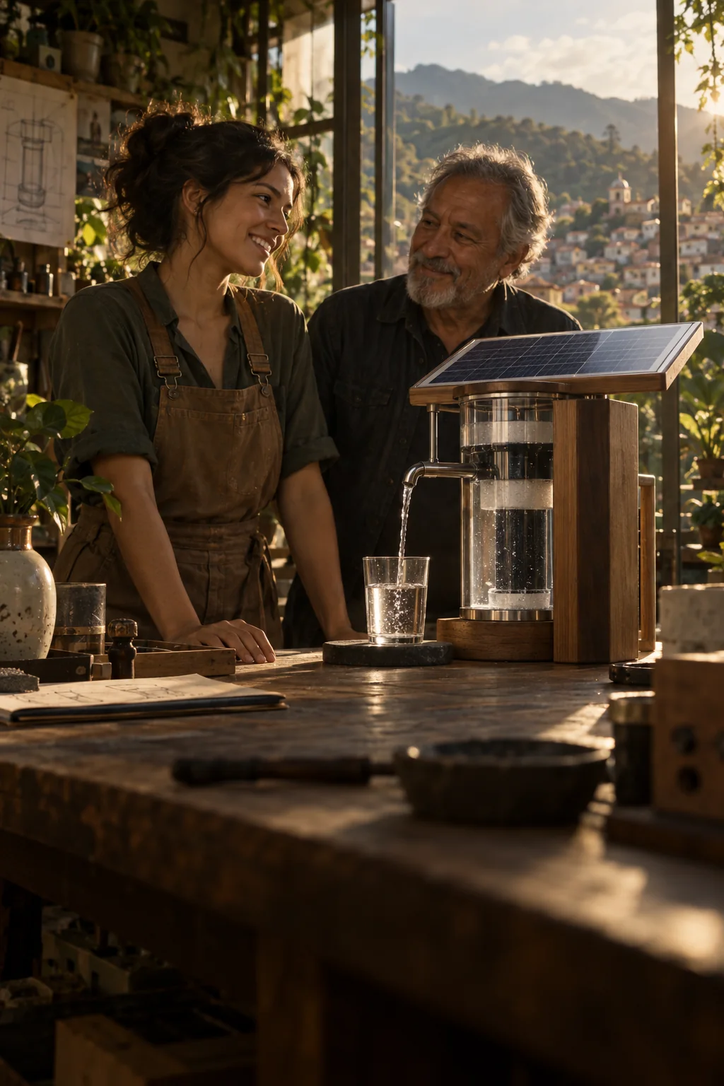 An inventor and her mentor share a smile as their solar water purifier fills a glass