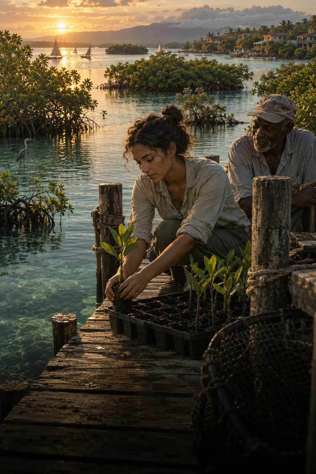 A young ecologist and an older fisherman tend mangrove seedlings beside a restored coastline