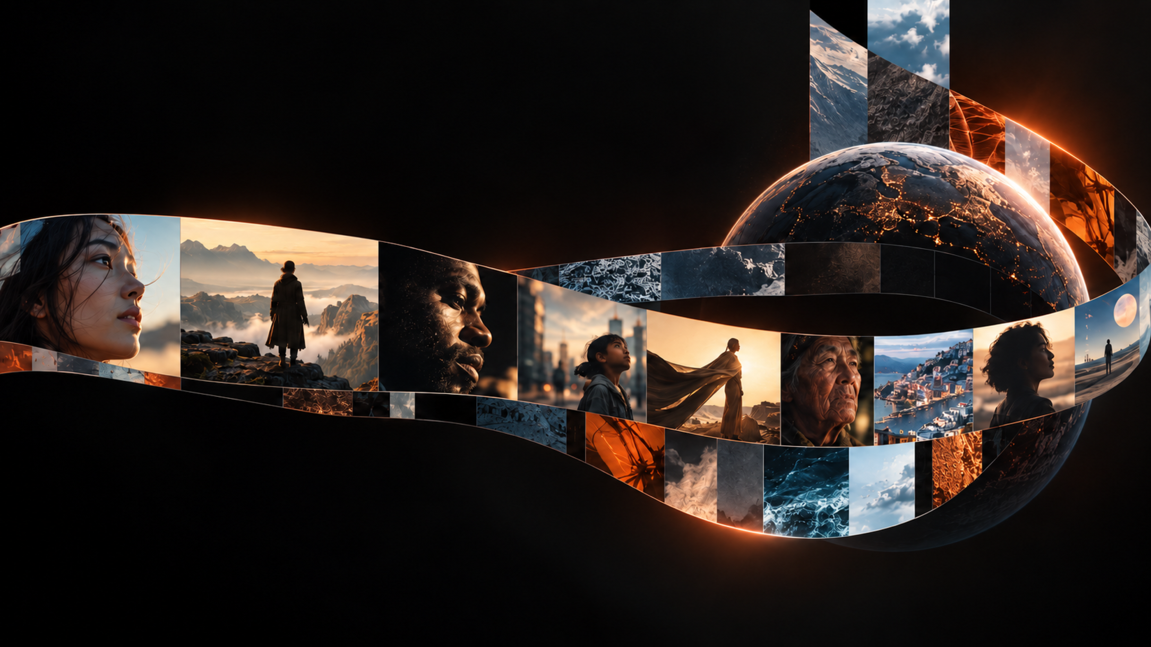 A film ribbon carrying stories from around the world around a luminous globe