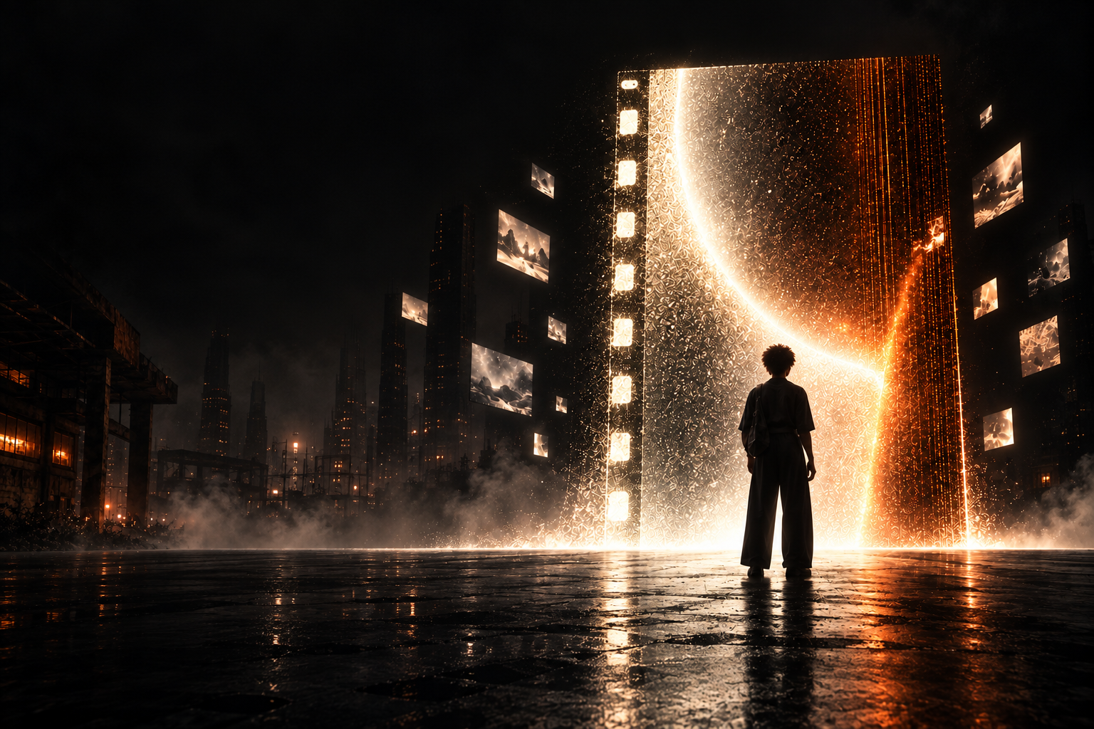 A filmmaker facing a luminous film portal in a global city
